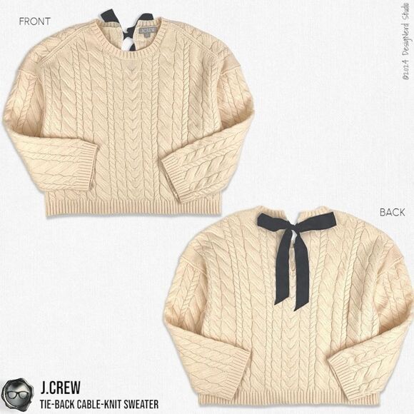 J.CREW TIE-BACK CABLE KNIT SWEATER IN BUTTERCREAM WITH BLACK BOW SLIGHT CROP MED - Picture 11 of 11